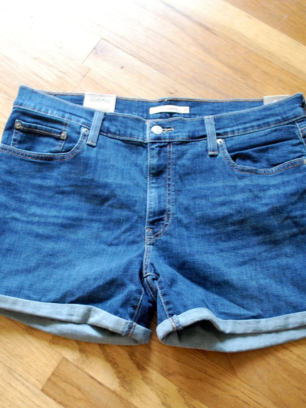 Levi's Mid Length Cuffed Denim Jean Shorts Hypersoft Dark Wash Blue